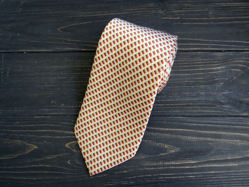 Pure Silk Geometric Print Tie fathers day gift vintage mens tie Yellow Beige cravate casual pattern necktie Checkered tie gift for husband image 4