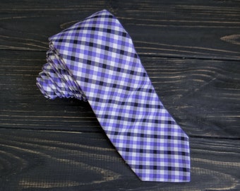 Skinny Lilac Gingham Unisex Tie: Cotton Checkered Lavender Groomsmen Necktie