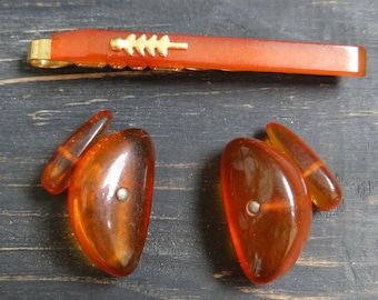 Baltic amber gold plate set cufflinks and tie clip Vintage mens cuff links amber jewelry gemstone august birthstone leo zodiac wedding gift