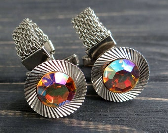 Vintage Silver Tone Wedding Cufflink: Iridescent Rhinestone USSR Jewelry for him