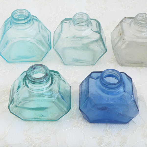 5pcs vintage ink bottles Geometric vintage bottles Clear glass Cobalt blue glass Rustic wedding decor Flower vase Soviet vintage bottles