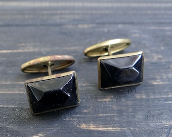 Vintage Black Onyx Cufflinks: USSR Metal Gemstone Jewelry