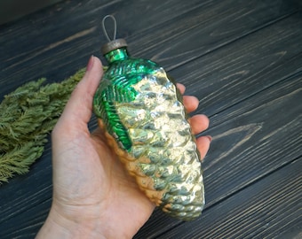 Big Silver Green pine cone Thick Glass Christmas ornament Antique decoration Christmas pine Soviet christmas Outdoor decoration Xmas gift