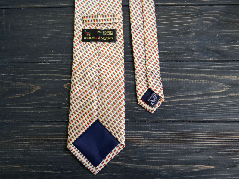 Pure Silk Geometric Print Tie fathers day gift vintage mens tie Yellow Beige cravate casual pattern necktie Checkered tie gift for husband image 5