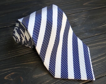 Vintage Striped Necktie: Blue & White Geometric Print Tie Mens, Polyester Cravat