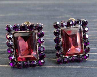 Vintage Wine Red Rhinestone Clip On Earrings