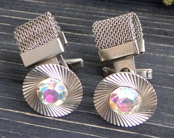 wedding cufflinks White rhinestone silver tone cuff links vintage jewelry/for/birthday gift/for/him iridescent anniversary gifts boyfriend