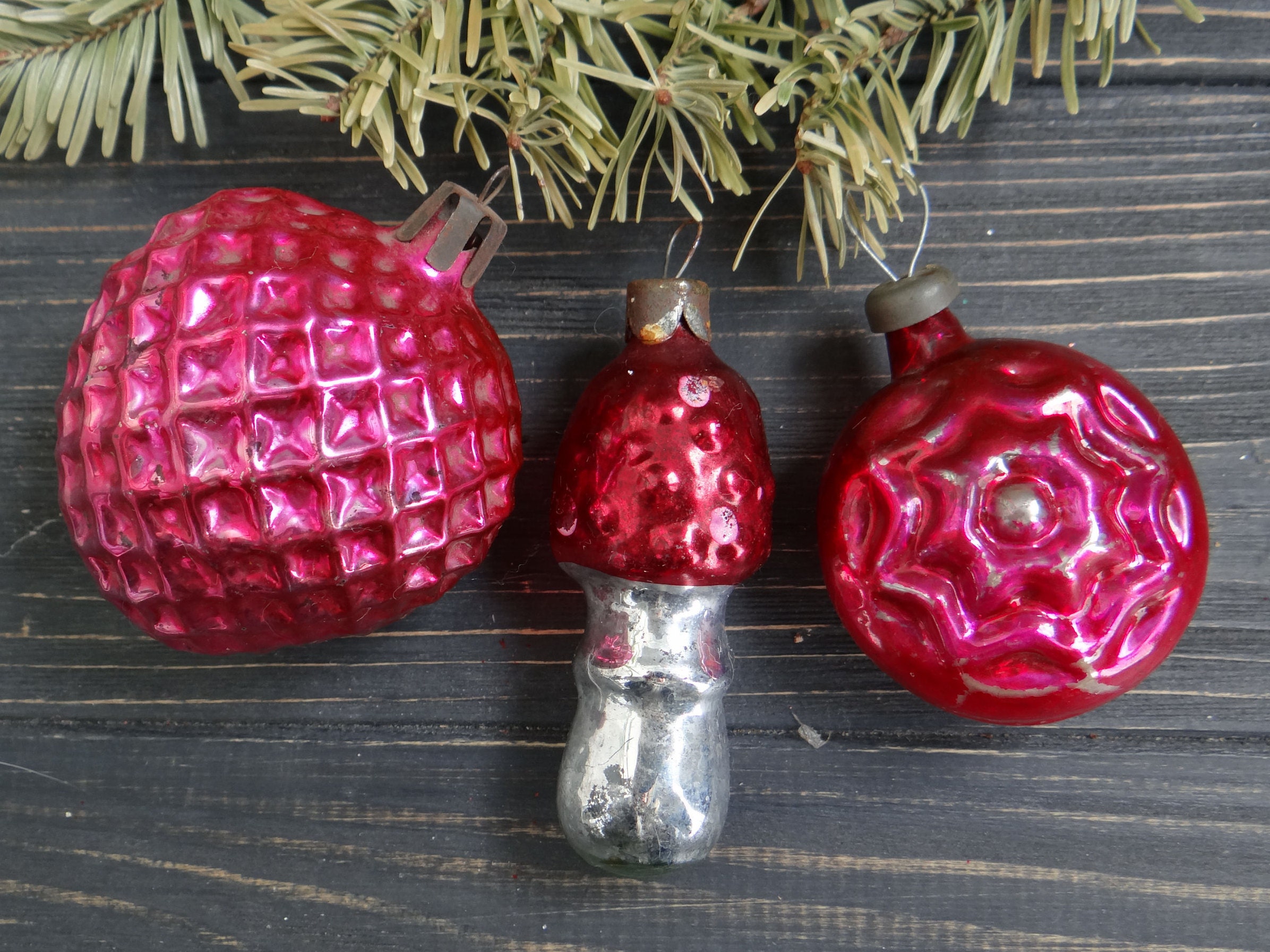 Set of 3 Christmas Red Glass ornaments Red Pink Christmas | Etsy