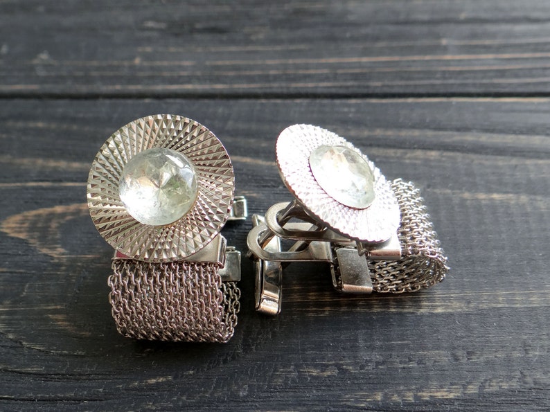 White rhinestone silver cuff links wedding cufflinks vintage jewelry/for/men birthday gift/for/him soviet anniversary gifts/for/boyfriend image 5