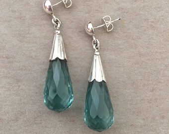 Blue Green Crystal and Fine silver briolette Earrings