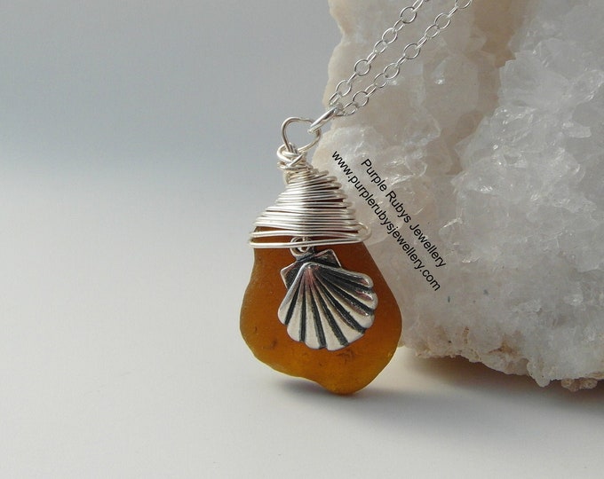 Amber Mermaids Tear Necklace with Sea Shell Charm