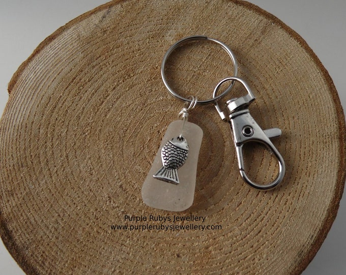 White Sea Glass with Fish Charm ~ Bag Charm ~ Key Ring