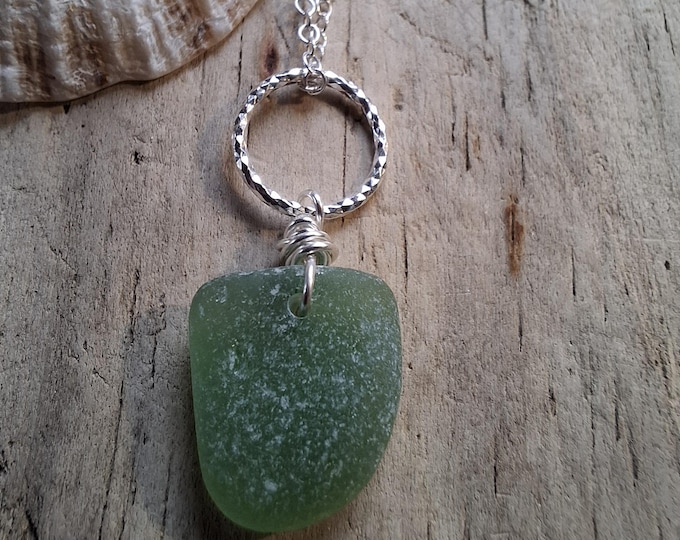 Bright Bottle Green Marazion Sea Glass on Diamond Cut Ring Necklace