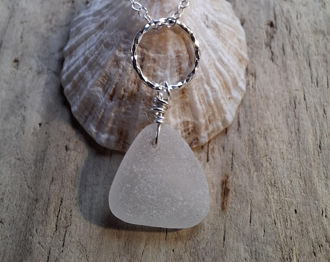 White Triangular Marazion Sea Glass on Diamond Cut Ring Necklace