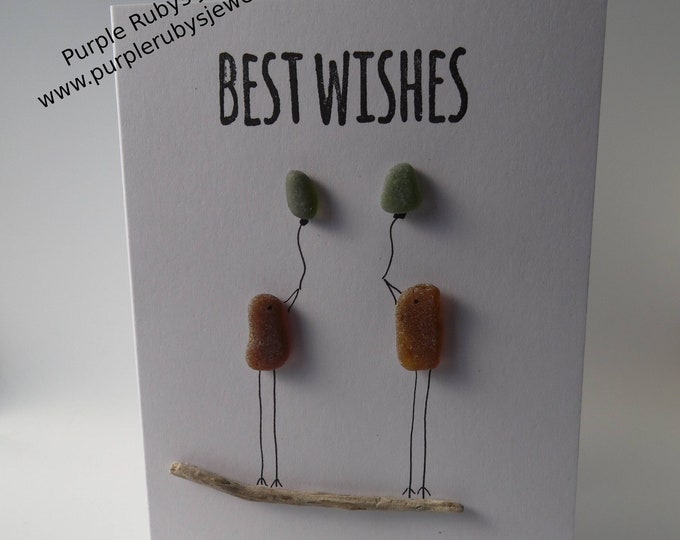 Best Wishes Amber Sea Glass Birds Birthday Card