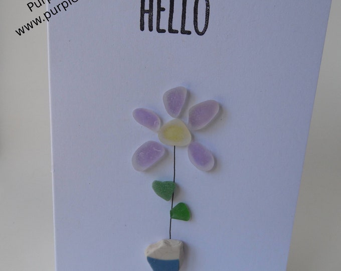 Purple Sea Glass Flower in Blue Sea Pottery Vase 'Hello' Card