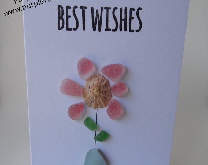 Red Sea Glass Flower in Sea Pottery Vase Best Wishes Birthday Card