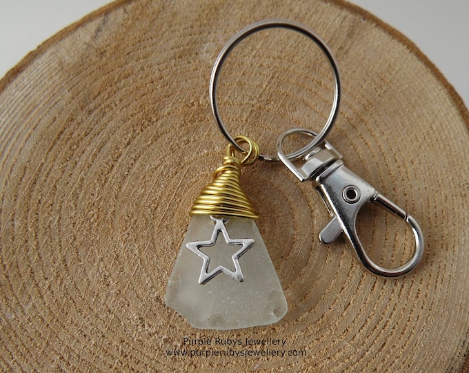 White Sea Glass with Star Charm ~ Bag Charm ~ Key Ring