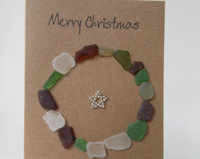 Christmas Wreath Sea Glass with White Star Christmas Card