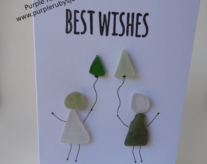 Best Wishes Sea Glass People & Green Balloons Birthday Card