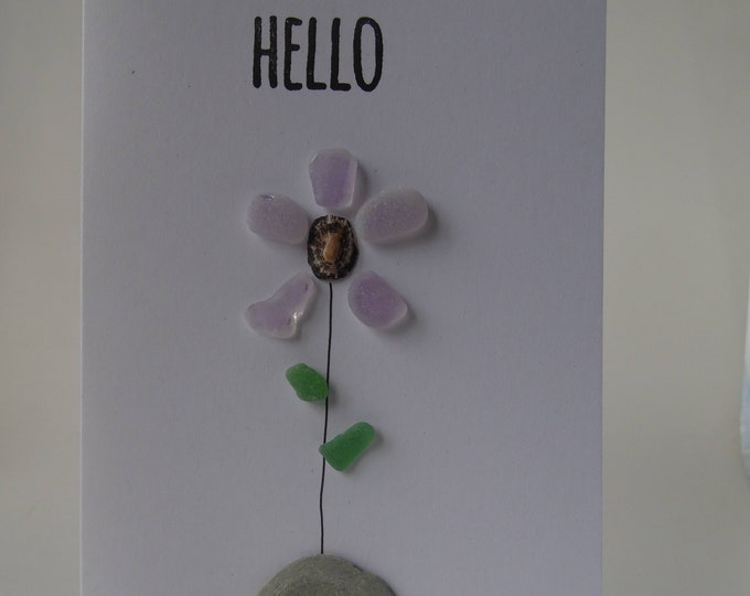 Purple Sea Glass Flower in Stone Vase 'Hello' Card