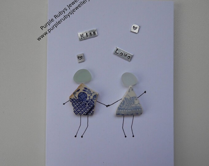 Valentines Card Blue Sea Pottery People 'Kiss' 'Love'