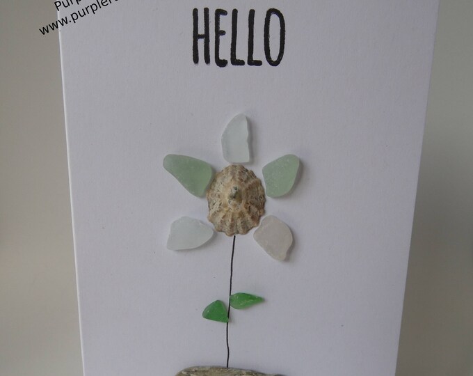 Sea Foam & Shell Flower in Beach Pebble Vase 'Hello' Card