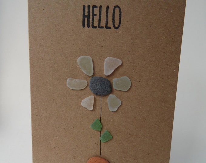 Sea Glass Flower in Terracotta Vase 'Hello' Card
