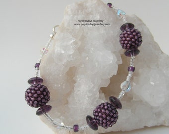 Plum Woven Bead and Crystal Aurora Hearts Bracelet