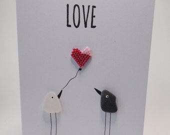 Sea Glass Birds Red & Pink Lustre Heart Love Valentines Wedding Engagement Card