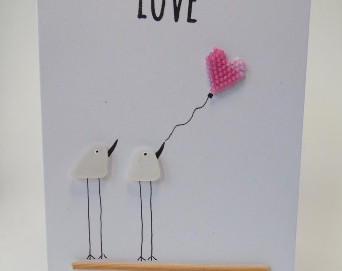 Sea Glass Birds Matt Pink Heart Love Valentines Wedding Engagement Card