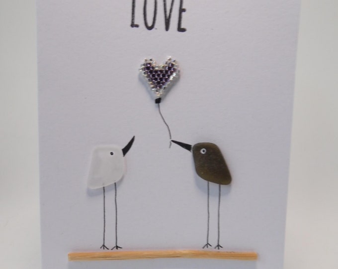 Sea Glass Birds Silver Purple Heart Love Valentines Wedding Engagement Card