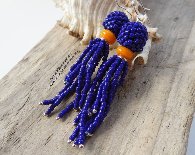 Cobalt & Orange Tassel Boho Beaded Earrings
