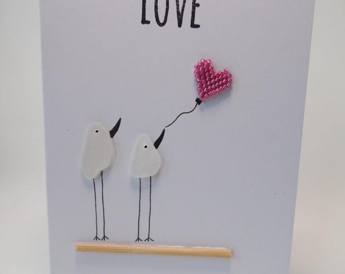 Sea Glass Birds Pink Heart Love Valentines Wedding Engagement Card