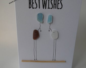 Best Wishes Amber & White Sea Glass Birds Birthday Card
