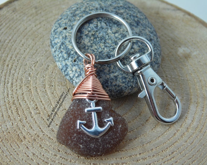 Amber Cornish Sea Glass with Anchor Charm ~ Bag Charm ~ Key Ring