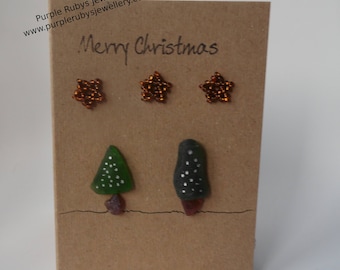 Sea Glass Christmas Trees with Silver Lights Christmas Card