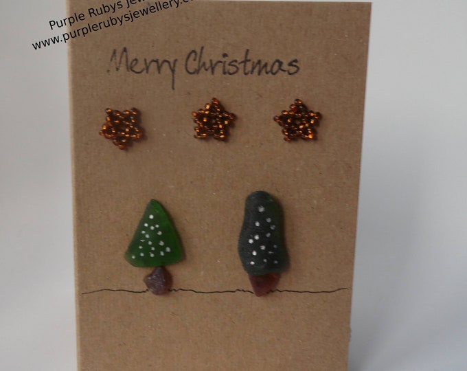 Sea Glass Christmas Trees with Silver Lights Christmas Card