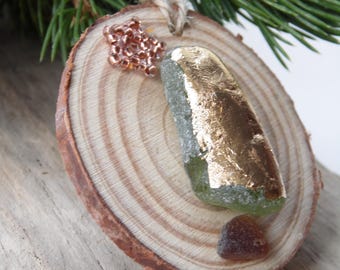 Sea Glass Gold Foil Christmas Tree with Copper Beaded Star Christmas Decoration