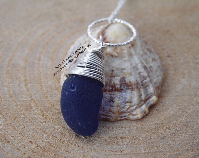 Deep Blue Portreath Sea Glass on Diamond Cut Ring Necklace