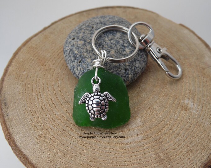 Bottle Green Sea Glass with Turtle Charm ~ Bag Charm ~ Key Ring