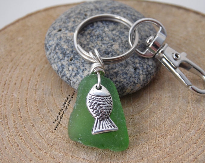 Bottle Green Sea Glass with Fish Charm ~ Bag Charm ~ Key Ring