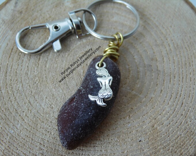 Deep Amber Sea Glass with Mermaid Charm ~ Bag Charm ~ Key Ring