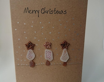 Sea Glass Snowy Christmas Trees with Copper Stars Christmas Card
