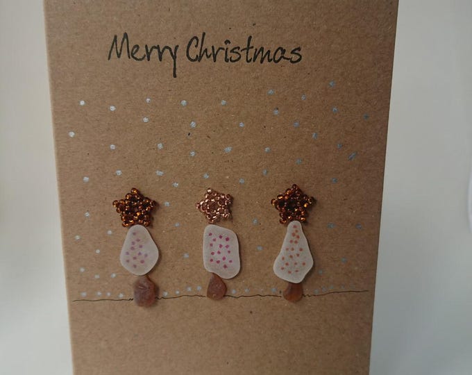 Sea Glass Snowy Christmas Trees with Copper Stars Christmas Card