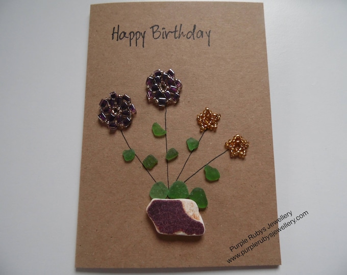 Sea Pottery and Purple Beaded Flowers Happy Birthday Card