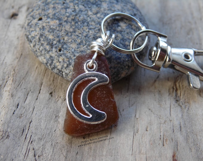 Amber Cornish Sea Glass with Moon Charm ~ Bag Charm ~ Key Ring