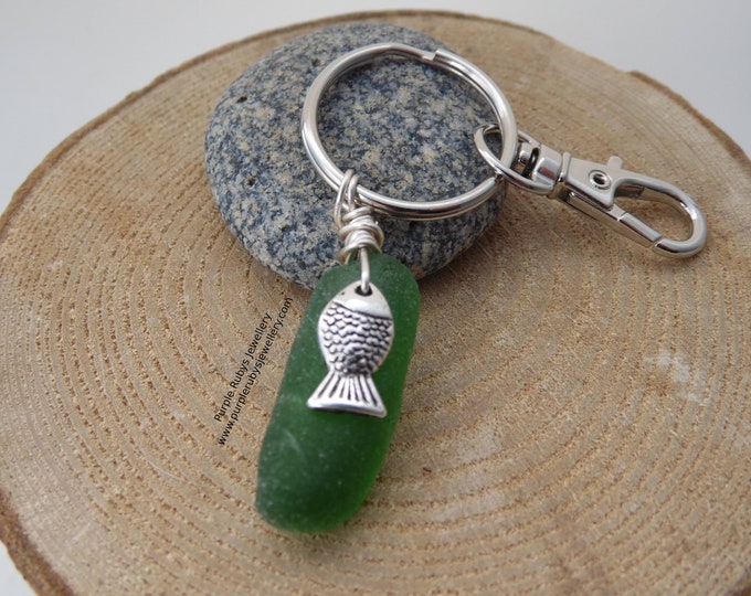 Bottle Green Sea Glass with Fish Charm ~ Bag Charm ~ Key Ring
