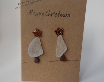Sea Glass Snowy Christmas Trees with Gold & Purple Lights Christmas Card