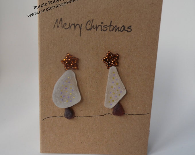 Sea Glass Snowy Christmas Trees with Gold & Purple Lights Christmas Card